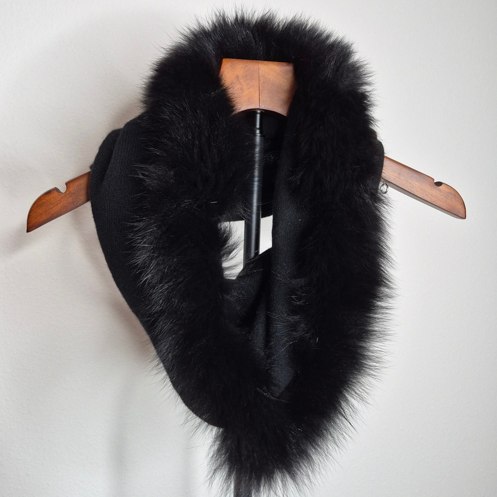 Sofia Cashmere Black Cowl Infinity Scarf Real Fox Fur Trim Luxury Neck Warmer